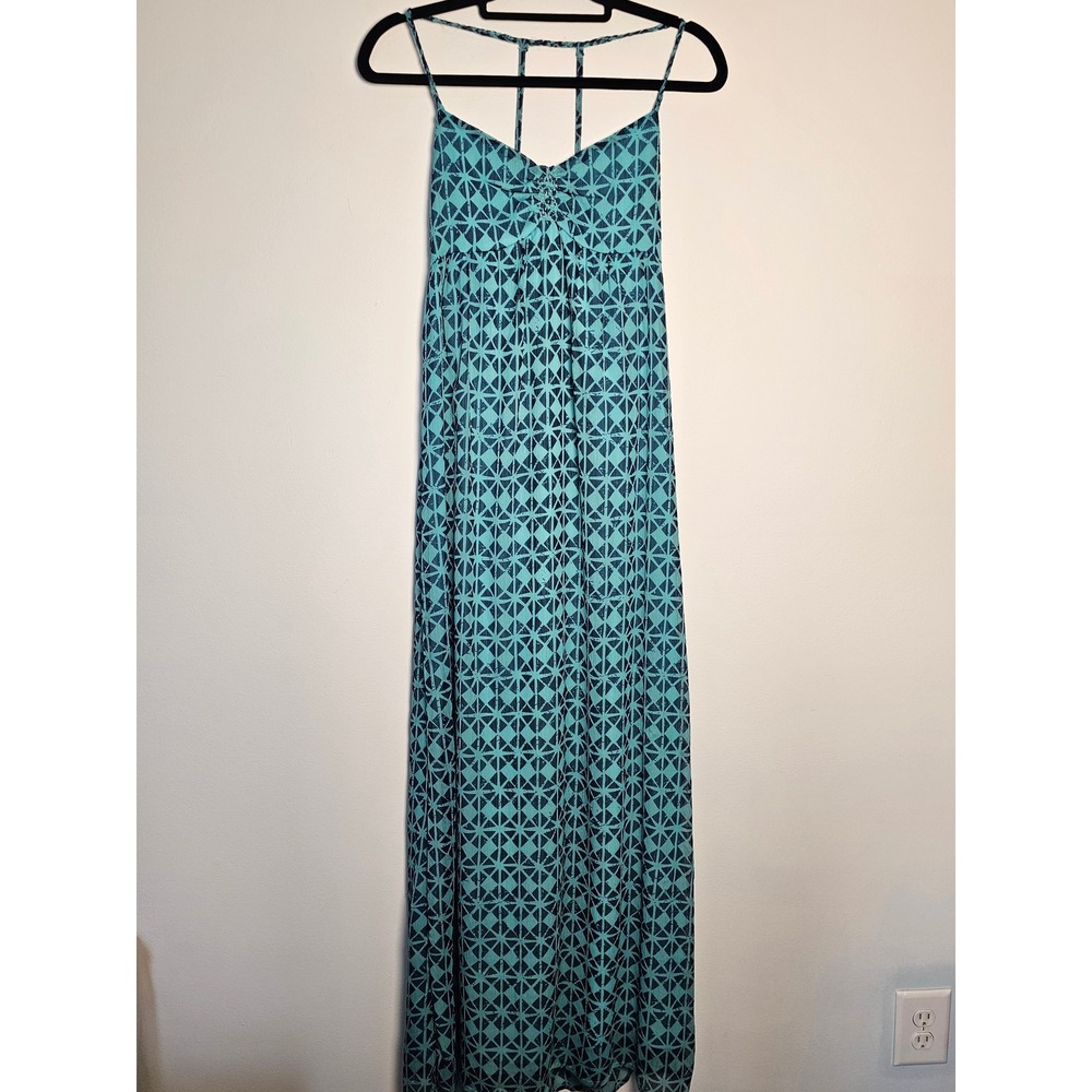 Boho Roxy Geometric Print Maxi Dress Medium Teal Blue Braided T-Back‎ Chiffon
